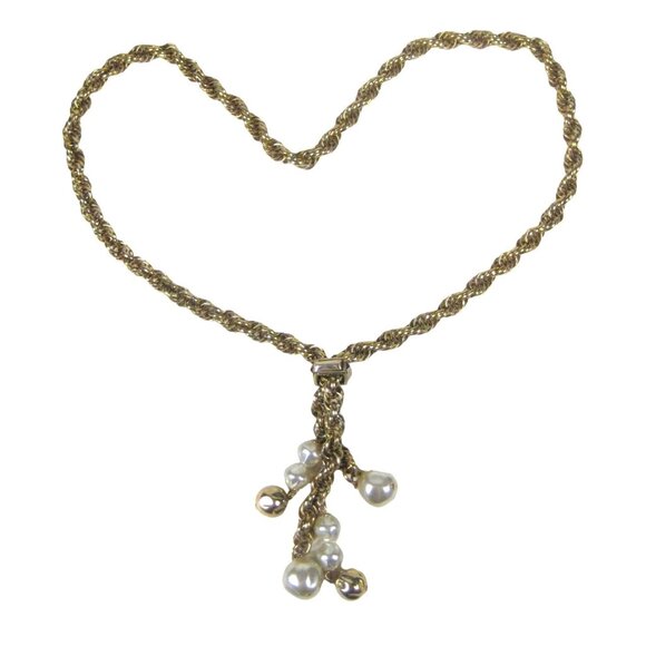 Vintage Goldtone Rope Slide Chain Necklace Faux Pearl Charms Pendant 24 Inch - Picture 1 of 11